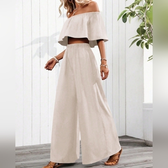 Tops - Solid Color Simple Daily Off-Shoulder Long Pant Suit, 2pcs
